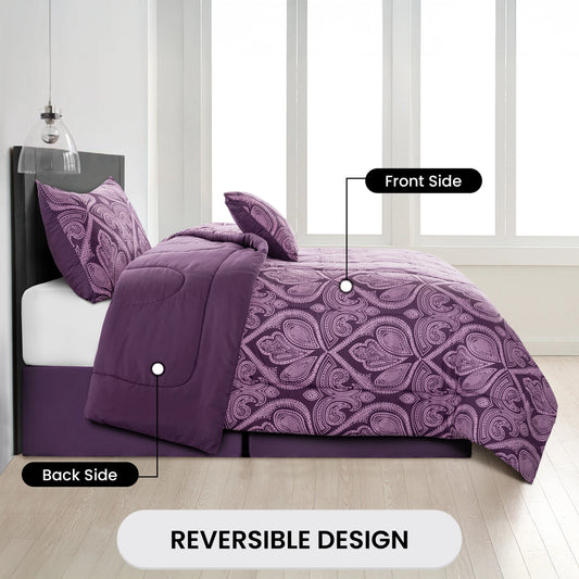 Printed Reversible Comforter Set Includes, Comfort, Bed Skirt, Sham & Pillow Cases