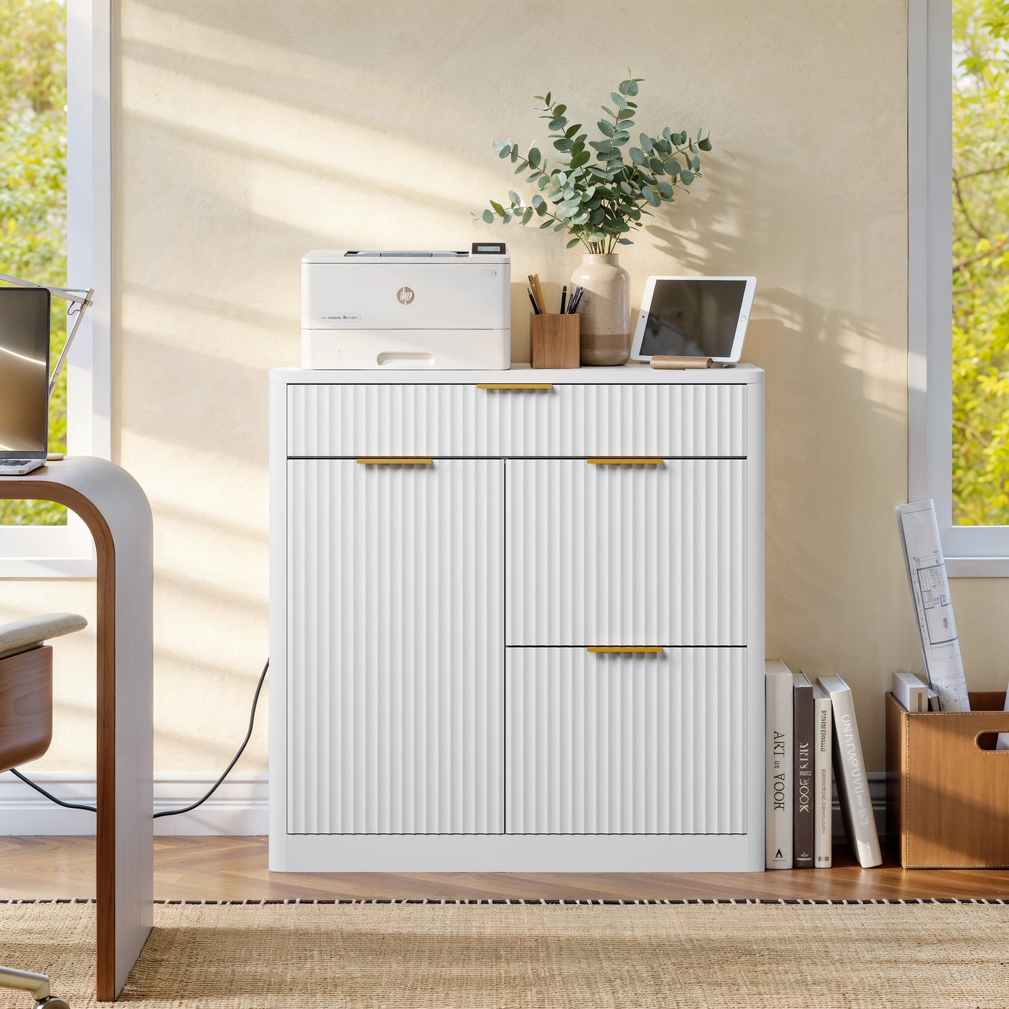 Fluted File Cabinet with Charging Station, Storage Drawers & Door