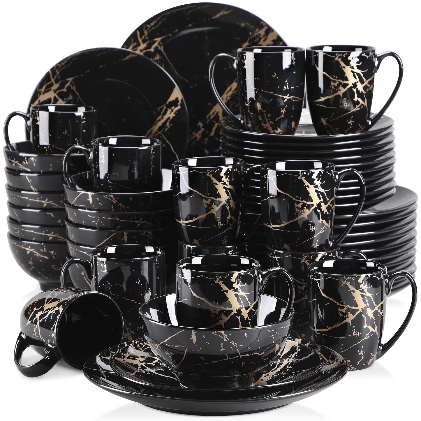 Black 16/32/48 Porcelain Dinnerware Set Design by Gold Splash with Dinner Plates, Cake plates, Bowls & Coffee Cups