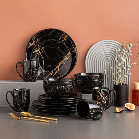 Black 16/32/48 Porcelain Dinnerware Set Design by Gold Splash with Dinner Plates, Cake plates, Bowls & Coffee Cups