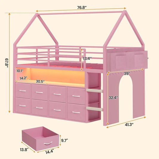 House Shaped Metal Twin Bed with Bookcase & Storage Drawers
