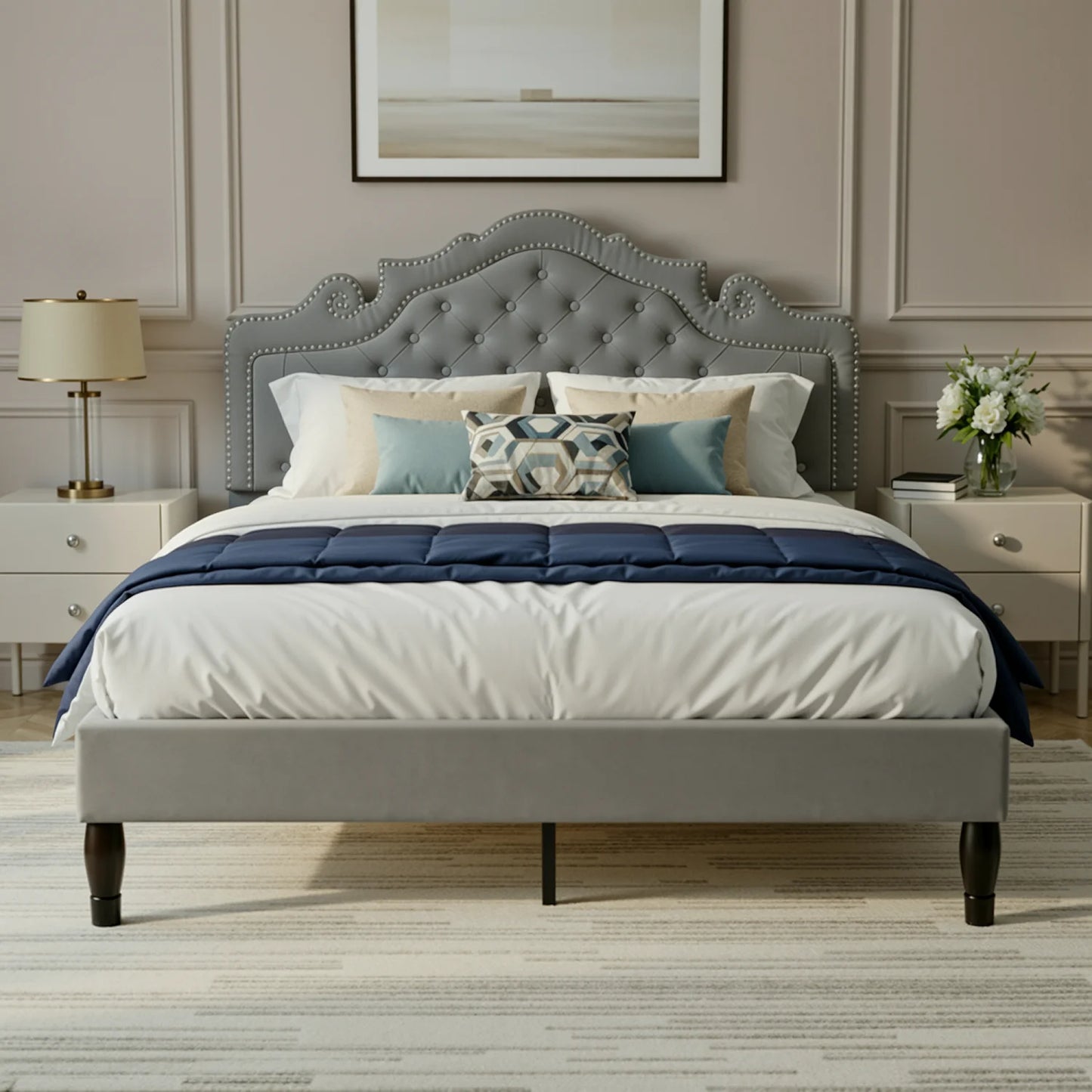 Velvet Bed Frame with Adjustable Tiara Headboard