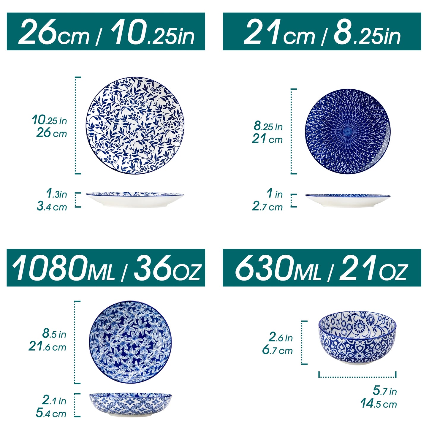 12/24/36 Piece Chinese Blue and White Porcelain Plate Set