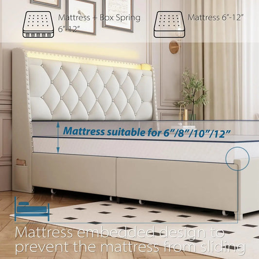 Queen Size Upholstered Platform Bed with LED Lights, Charging Station, 4 Drawers & Storage Shelf