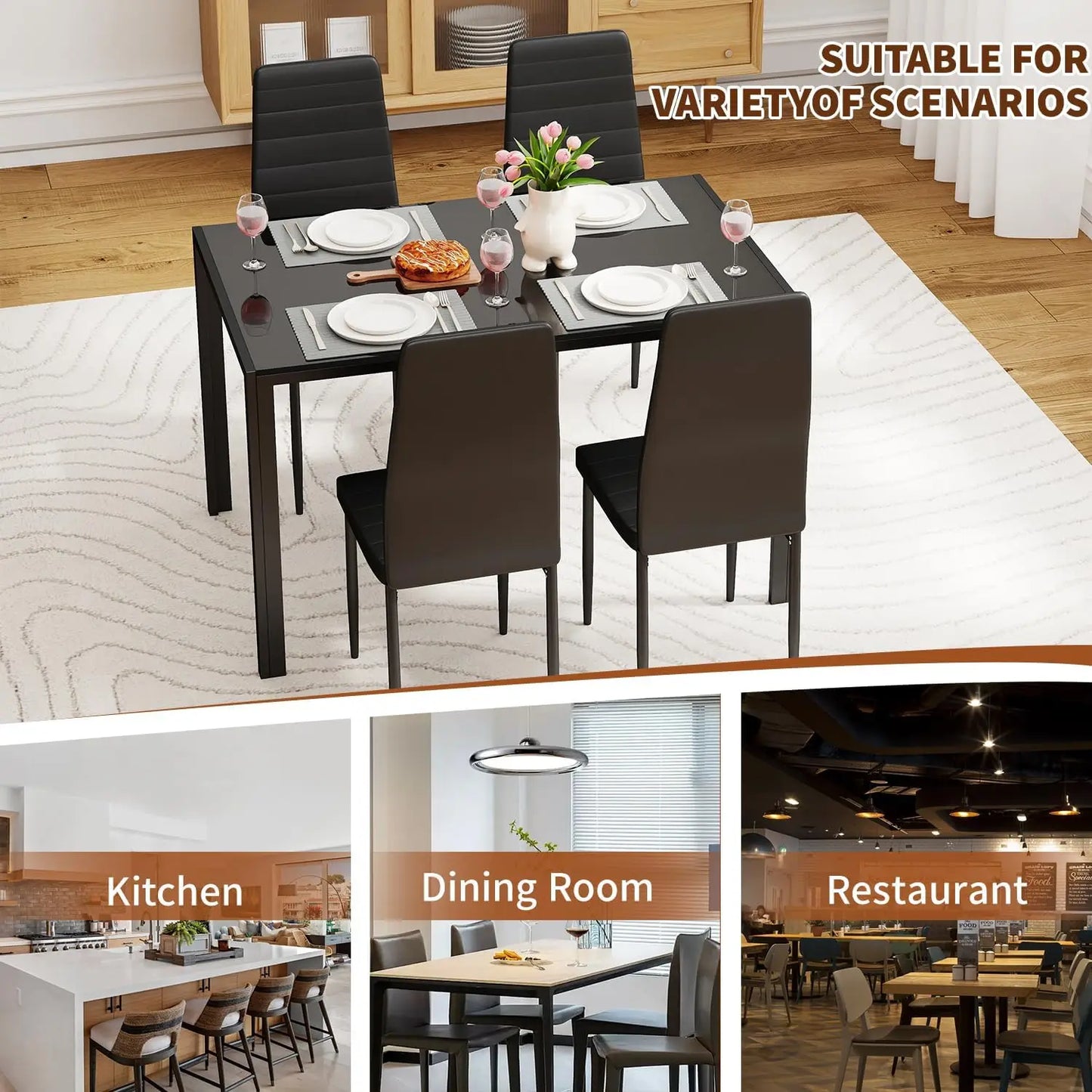 5-Piece Glass Dining Table Set for 4 with Upholstered Chairs