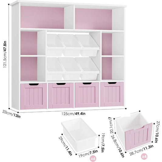 Toy Organizer Kids Bookshelf with 4 Movable Drawers and 6 Toy Bins