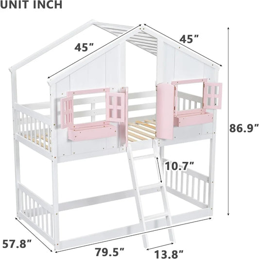 Floor House Bunk Bed with Roof and Window