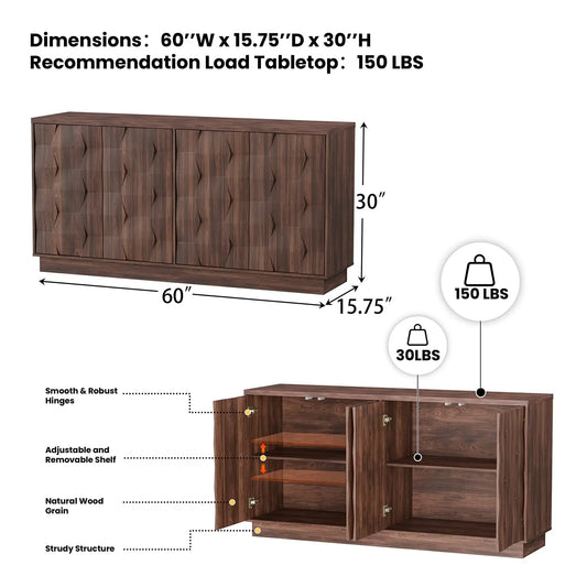 60" Walnut Sideboard Buffet Cabinet w/ Hexagon Textured Doors