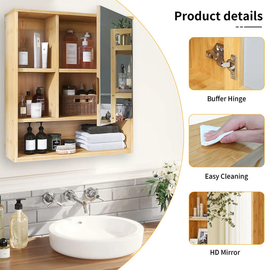 Bamboo Bathroom Medicine Cabinet with Mirror & Shelves