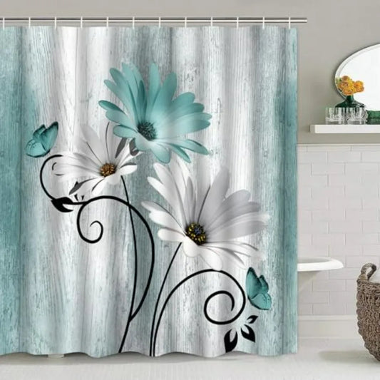 5 Pcs Teal Daisy Shower Curtain Set with Bathroom Wall Art Decor