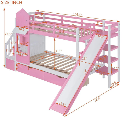 Castle Style Kids Bunk Bed with Stairs and Slide
