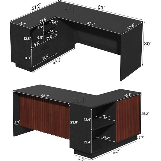 Modern L-Shaped Executive Desk with LED Lights, Charging Station & Storage