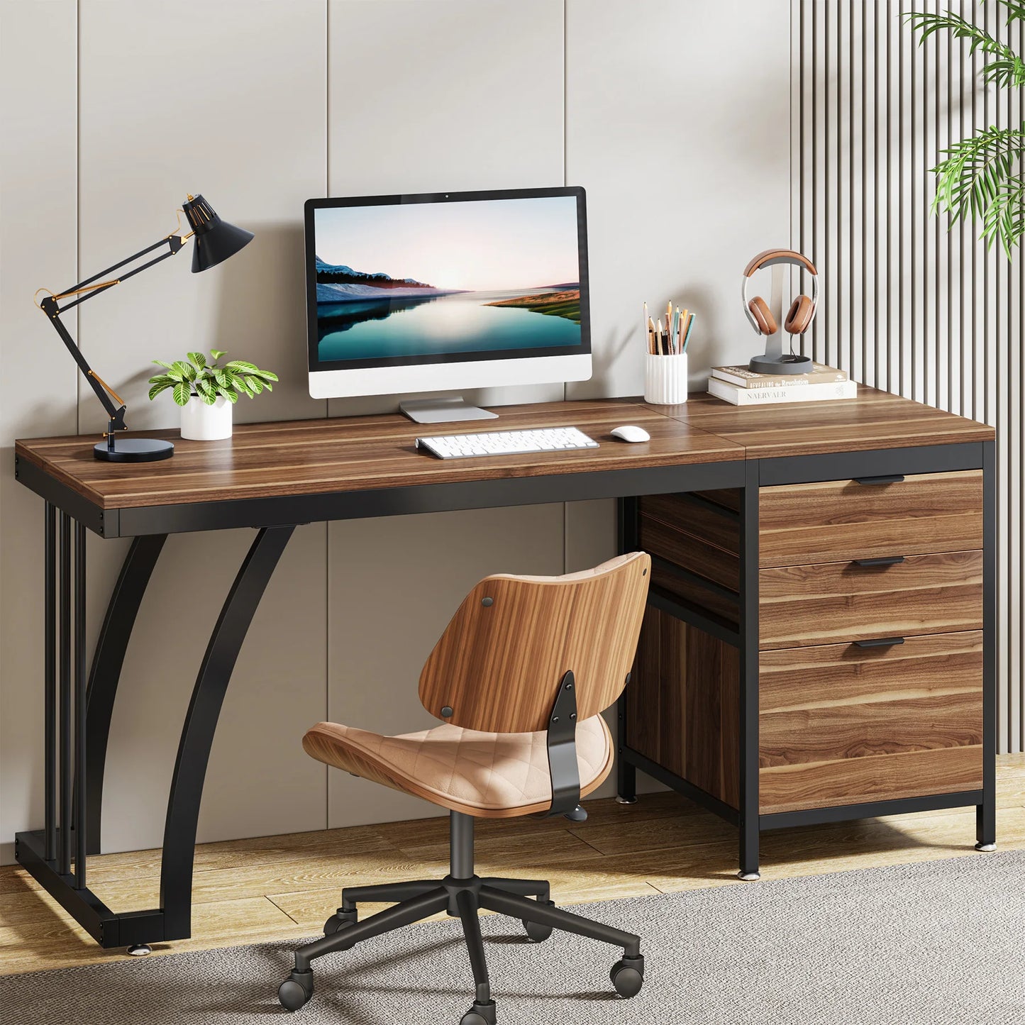 59-Inch PC Desk with 3 Reversible Drawers