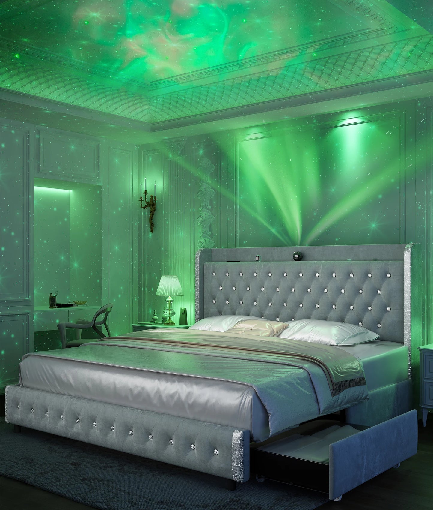 LED Bed Frame with Galaxy Projector, USB Ports & 4 Drawers