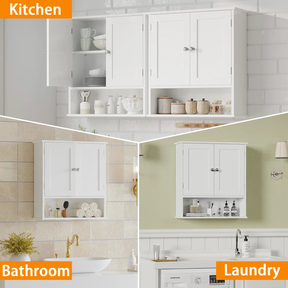 3-Tier Bathroom Wall Cabinet with Doors & Adjustable Shelves