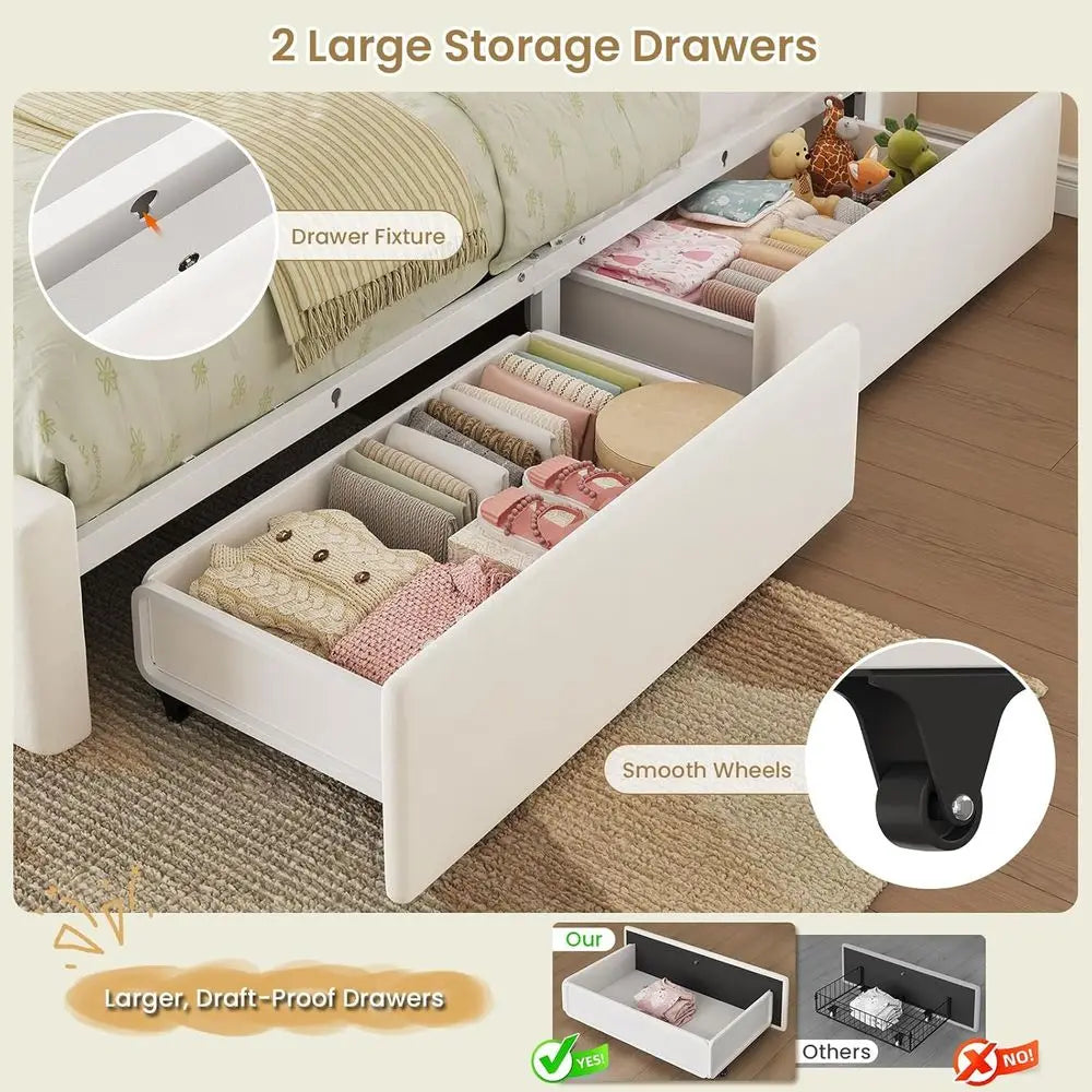 Kids Bed with Bookcase Headboard, Storage Drawers & LED Lights
