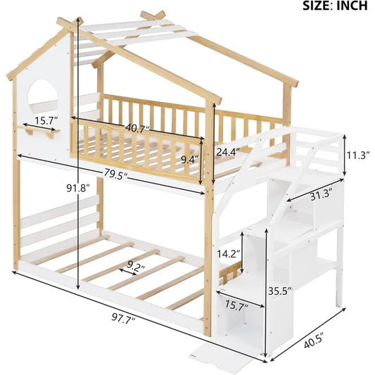 Stairway House Bunk Bed Frame with Storage and Guard Rail