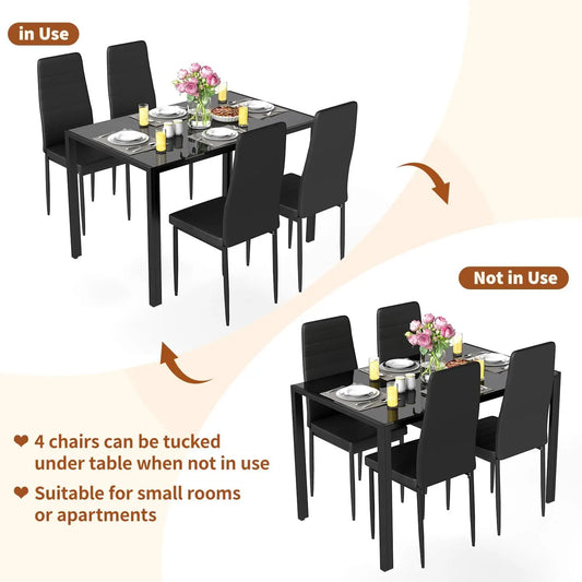 Modern Space-Saving 5-Piece Glass Dining Table Set for 4 with Upholstered Chairs