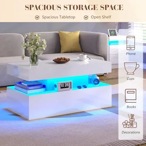3 Pc Modern High Gloss Coffee Table Set w/ LED Light & Storage