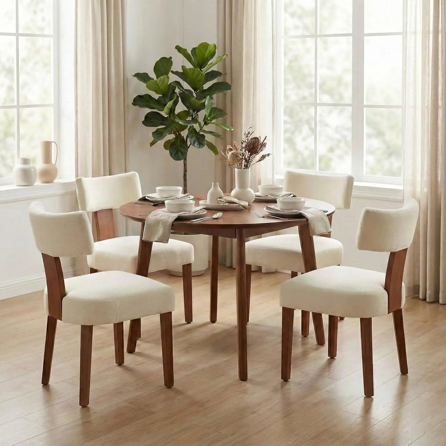 Set of 4 Mid-Century Fur Fabric Dining Chairs with Curved Backrest & Wood Legs