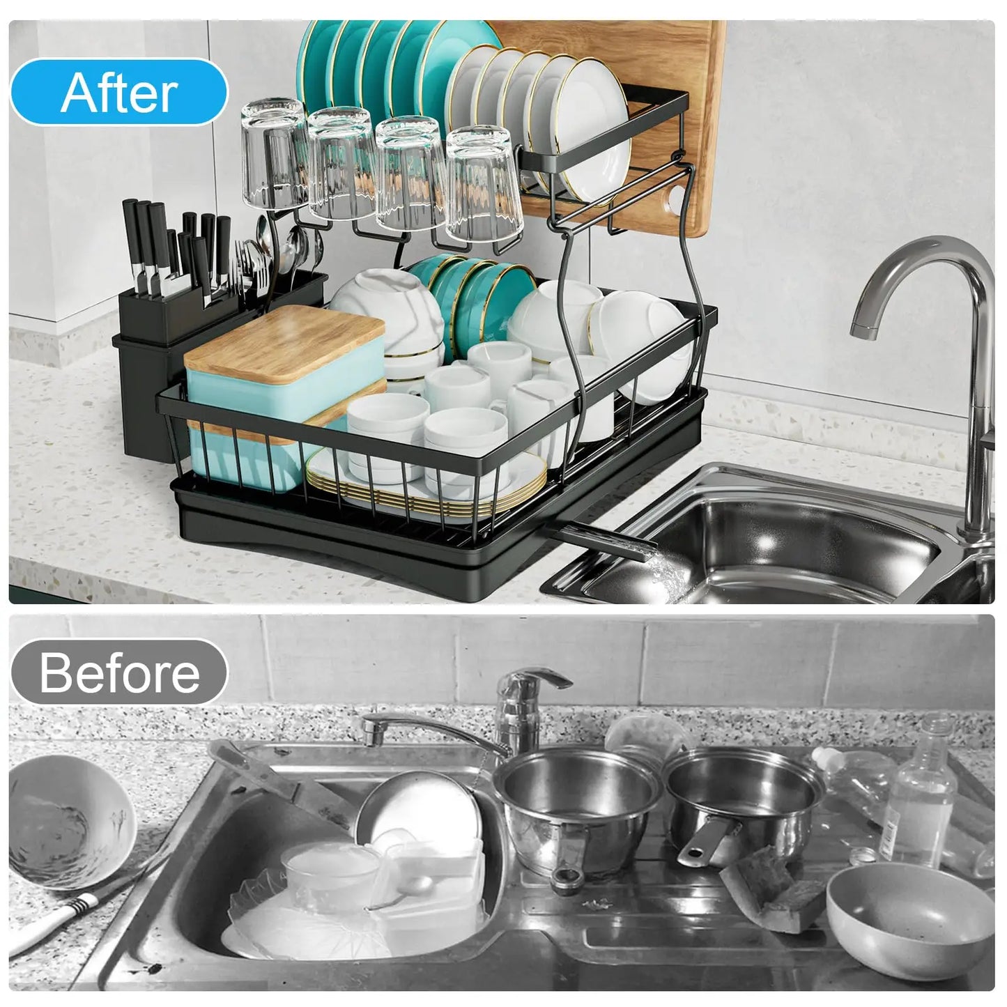 Large 2-Tier Dish Drying Rack w/Draining Tray for Countertops