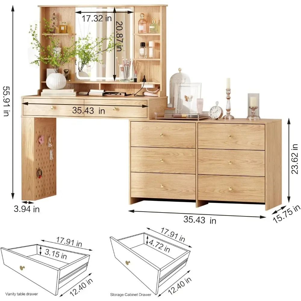Illuminated Makeup Vanity Desk with Mirror, 8 Drawers, Storage Shelves & Power Outlet