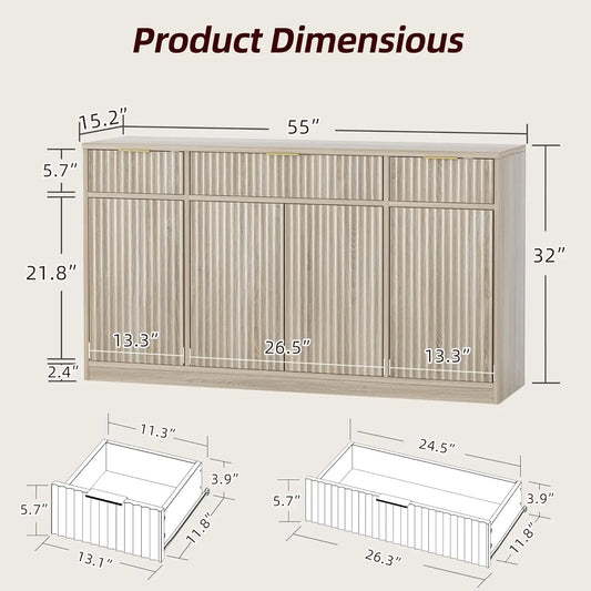 Large Fluted Buffet Cabinet with 4 Doors & 3 Drawers