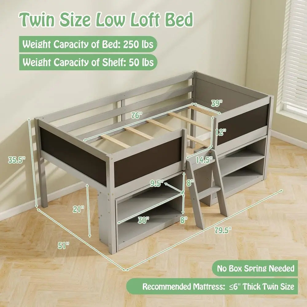 Low Loft Bed with Storage Shelves, Chalkboard & Under-Bed Play Area