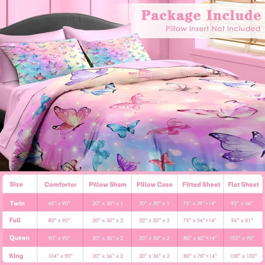 5 Pcs Comforter Set Twin Size, Pink, Blue & Purple Butterfly