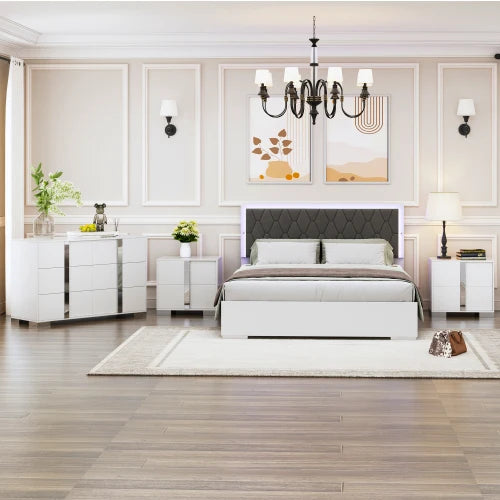 4 Pc Queen Bedroom Set w/ Upholstered Bed, Dresser & 2 Nightstands