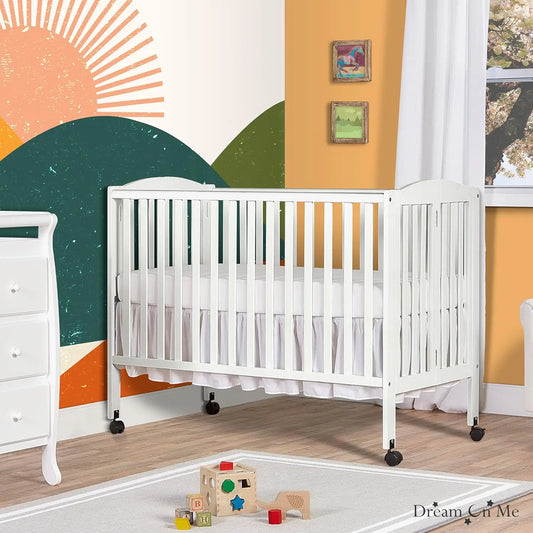 Full-Size Baby Crib is Portable with Quick Fold System, Strong Wheels, Adjustable Mattress Heights