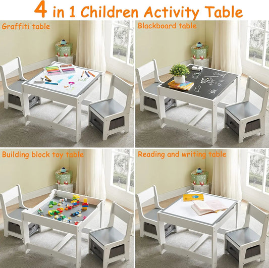 3-in-1 Kids Wooden Activity Table & Chairs Set with Storage Drawer