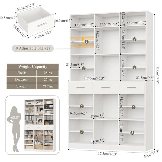 47" Wide Bookshelf with 3 Storage Drawers