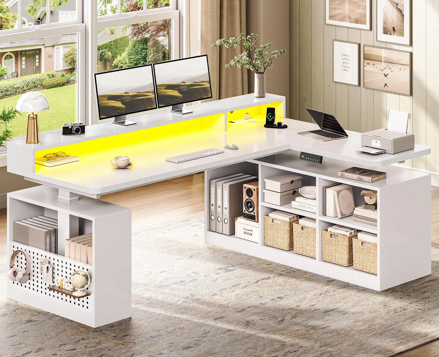 L Shaped Electric Standing Desk with Storage Shelves & LED Lights