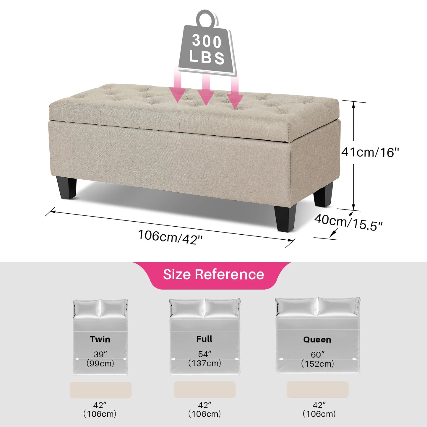 42" Storage Ottoman Bench w/ Flipping Lid & Safety Hinge