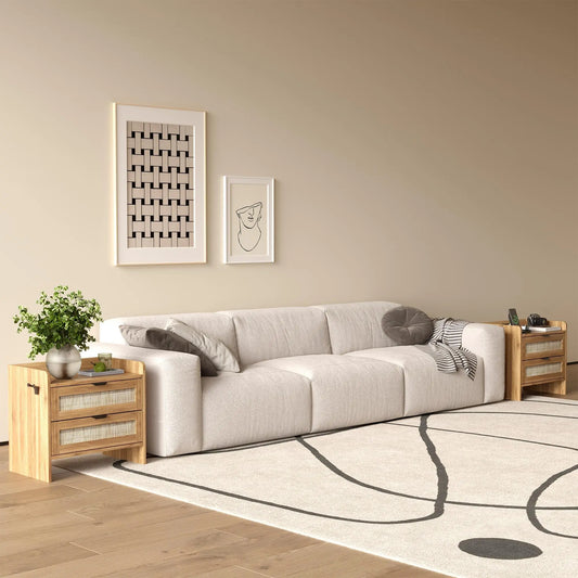 Modern Rattan Nightstand Set of 2 with Charging Station & Drawers