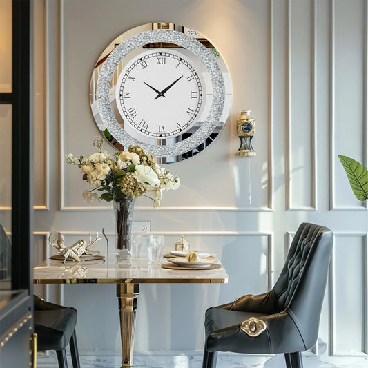 Silver, Tawny Tinted Mirrored Wall Clock with Sparkle Crush Diamond