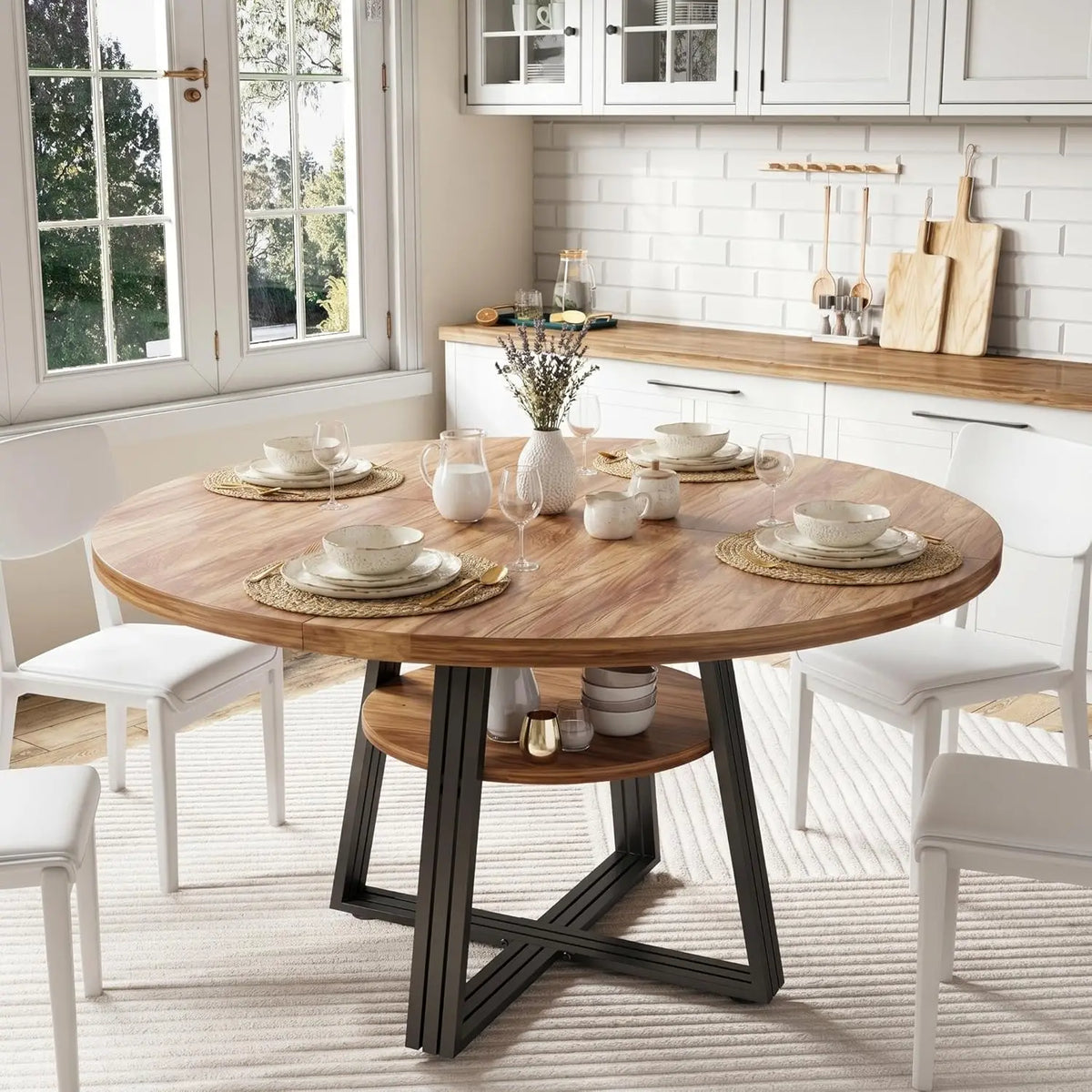 Round Farmhouse Dining Table with Shelf