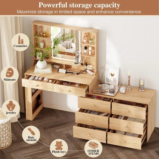 Illuminated Makeup Vanity Desk with Mirror, 8 Drawers, Storage Shelves & Power Outlet