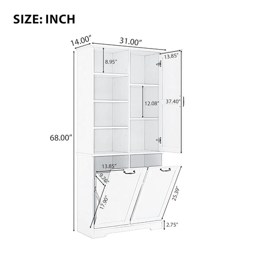 68" Tall Bathroom Storage Cabinet with 2 Tilt Out Laundry Hamper Door & Adjustable Shelves