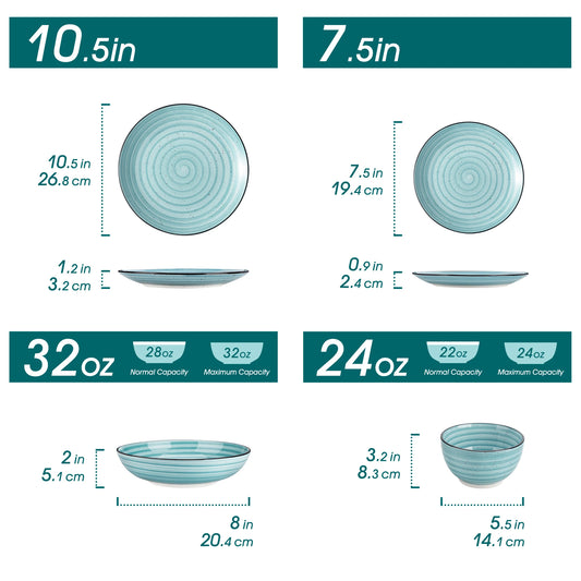 24/48 Pcs Two-Sided Blue Hand Painted Spiral Dinnerware Sets
