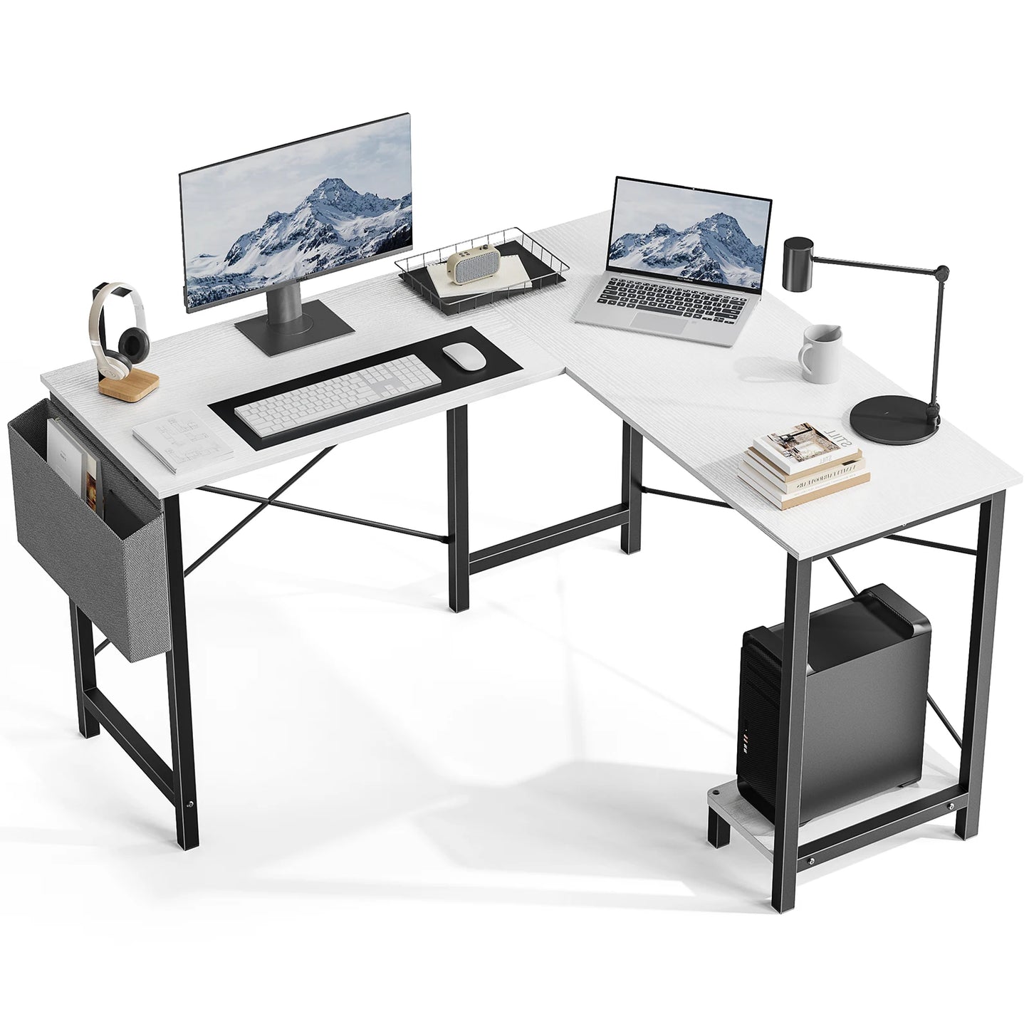 Wooden Corner Table with CPU Storage Shelf & Side Bag
