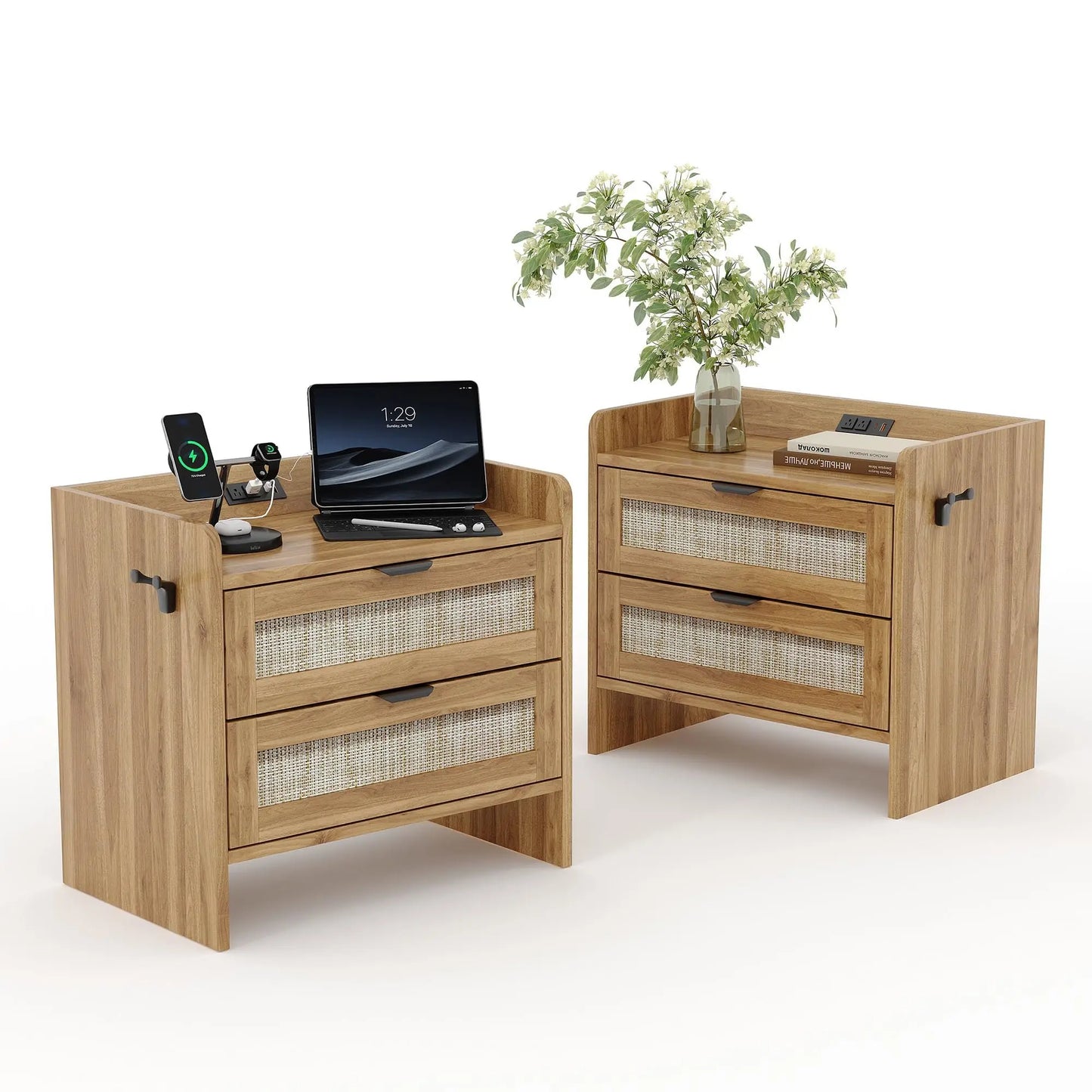 Modern Rattan Nightstand Set of 2 with Charging Station