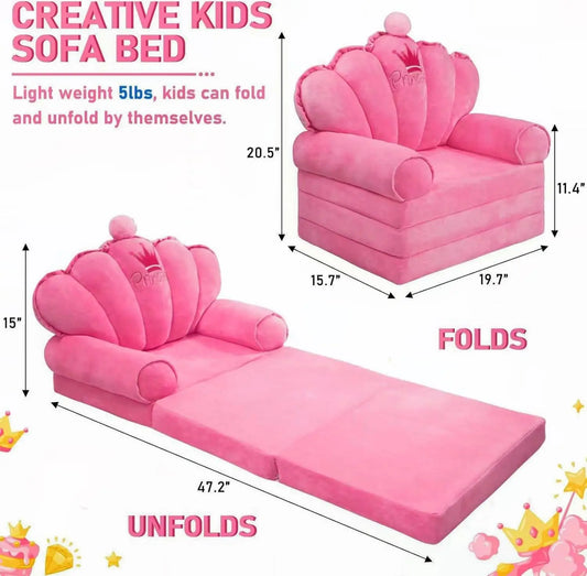 Foldable Kids Pink Velvet Princess Sofa Bed & Chair for Ages 1-5