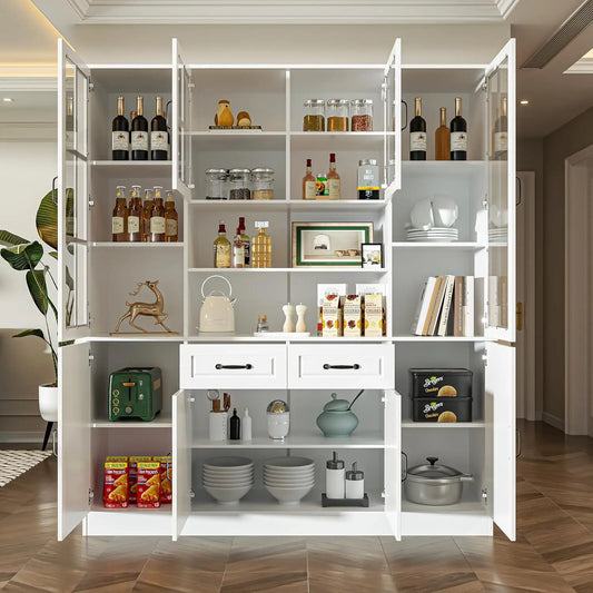 Large China Hutch with 2 Drawers, 5 Adjustable Shelves & Glass Doors
