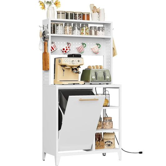 Baker's Rack with Trash Can Bin Cabinet and Power Outlet