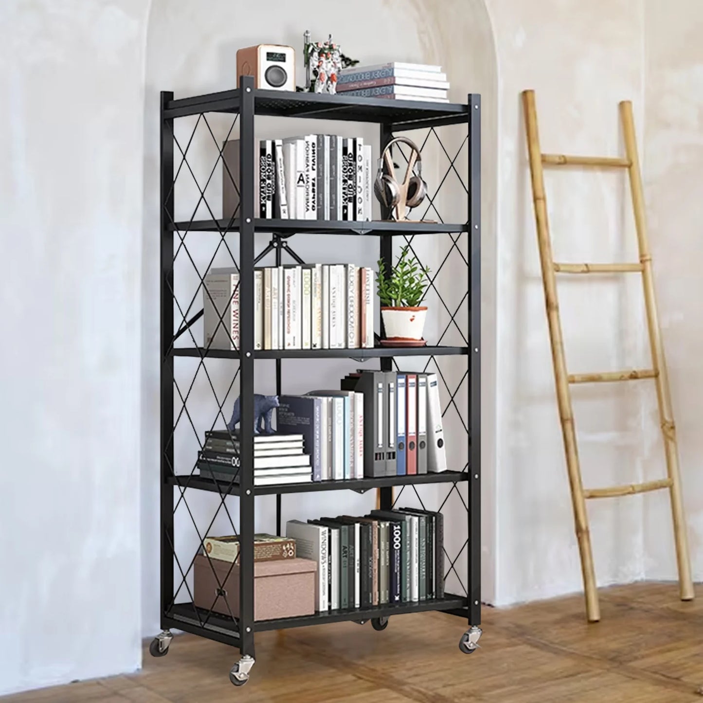 Foldable 5 -Tier Metal Storage Shelving Unit with Wheels