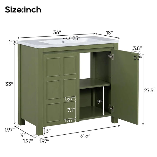 36in Free Standing Bathroom Vanity with Adjustable Shelf & Ceramic Basin