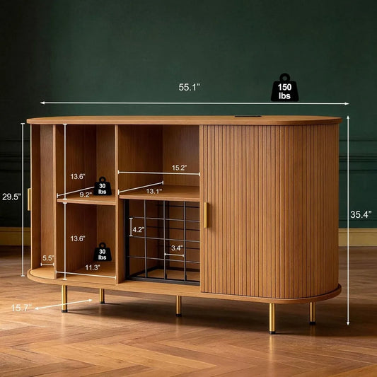 55" Fluted Liquor & Coffee Bar Cabinet with Wine Rack and Glass Holder