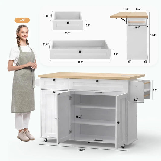 60" Rolling Kitchen Island with Drop-Leaf & Trash Bin